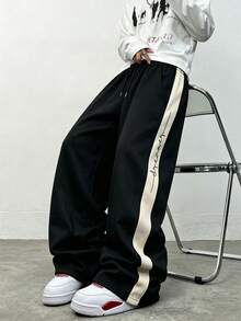 SU ER Men's Casual Drawstring Elastic Waist Loose Drapey Lazy Wide Leg Long Pants Summer - Black - View 1