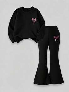 Girls Simple Fashion Cartoon Print Black Top And Black Pants Sports Set, Autumn/Winter - Black - View 2