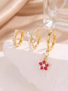3pcs/Set Vintage Rhinestone Plain Hoop Butterfly Pearl Red Zirconia Flower Mixed Earring Set Suitable For Women Spring Date Commute Wear - Earring Set - View 7