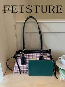 FEISTURE 1件時尚格紋單肩腋下包，大容量女款通勤包，適合日常出遊、約會、通勤 - 粉色 - 查看 6