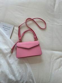 1pc Pink Solid Color PU Small Square Handbag For Women - Pink - View 2
