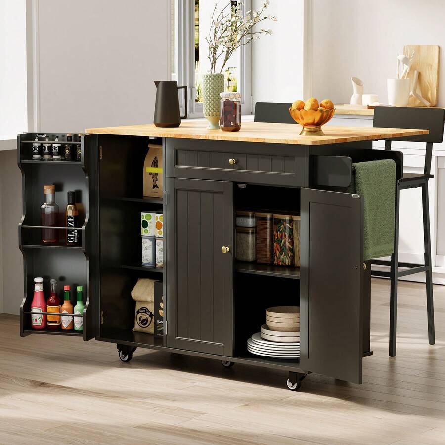 Mobile Kitchen Cart With Foldable Expandable Tabletop, Rolling Kitchen Island, Multi-Functional Storage Sideboard Trolley For Home - Black - View 1