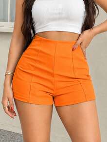 Apperloth A Solid Color High Waist Elastic Stitching Detail Casual Slim Fit Shorts Summer - Orange - View 1
