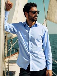 Men's Solid Color Long Sleeve Single-Breasted Casual Dress Shirt - Blue - View 2