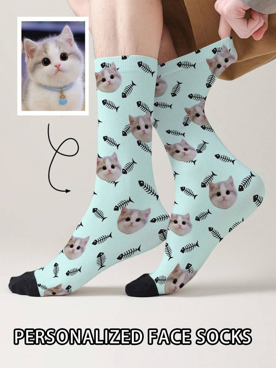 1 Pair Customized Face Pattern Socks, Personalized Photo Socks, Custom Printed Socks, Funny Face Socks, Custom Pattern Socks, Print Any Face Pattern On Socks, Anniversary Gift, Valentine's Day Gift, Unique Birthday Gift, Personalized Collectible - Multicolor - View 1