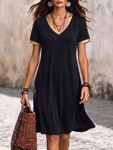 1pc Color Block Casual Patchwork Sequin Splice Dress, Vacation Beach Wear, Spring/Summer Elegant Black - Black - View 1