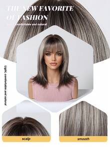 FIVE STARS Fashionable 16-Inch Gray Highlights Straight Synthetic Wigs With Neat Bangs: Natural-Looking And Heat Resistant For Party Cosplay Daily Use - Multicolor - View 9