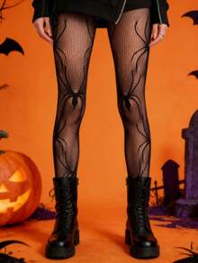 1 Pair Halloween Spider Pattern Pantyhose, Dark Gothic Style Sexy Hollow Out Black Stockings For Party - Black - View 3