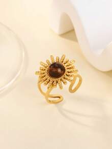 3Pcs/Set Vintage Amber Color Natural Stone Sun Rings Set For Women Stainless Steel Geometry Open Ring Set Party Jewelry Birthday Gift - Multicolor - View 4