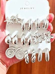 Cool Silver Ocean Series Earring Set, High-End Starfish & Flower Earring Set - Silver - View 1