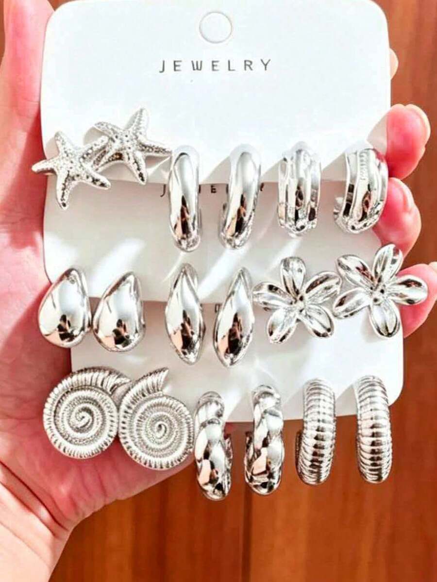 Cool Silver Ocean Series Earring Set, High-End Starfish & Flower Earring Set - Silver - View 1