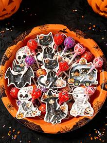 48pcs Halloween Lollipop Decoration Cards, Halloween Trick Or Treat Gift Candy Packaging Tags Labels With Cartoon Black Cat Skeleton Bat Design, Halloween Party Favor Fillers, Halloween Decorations 2026, Halloween Gifts, Halloween Party Supplies, Halloween Table Decorations, Halloween Party Gifts, Christmas Decorations, Autumn Winter Holiday Decorations, Christmas Decorations - Cartoon Black Cat Skull - View 3