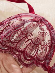 2件組女款刺繡蕾絲內衣套裝，半透心形胸罩搭配蝴蝶結內褲，舒適居家風女款兩件套 - 酒紅色 - 查看 7