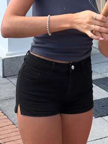 新款夏季女士紧身提臀牛仔短裤休闲黑色 - 黑色 - 查看 3