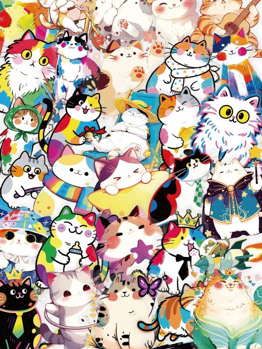 50Pcs Colorful Graffiti Art Cat Stickers – Versatile Decals For Scrapbooking, Journaling, Card Making & DIY Crafts | Vibrant Rainbow Splash Paint Kitten Daily Life Designs Playful, Hat & Musical Kitty Assorted Patterns - Multicolor - View 1