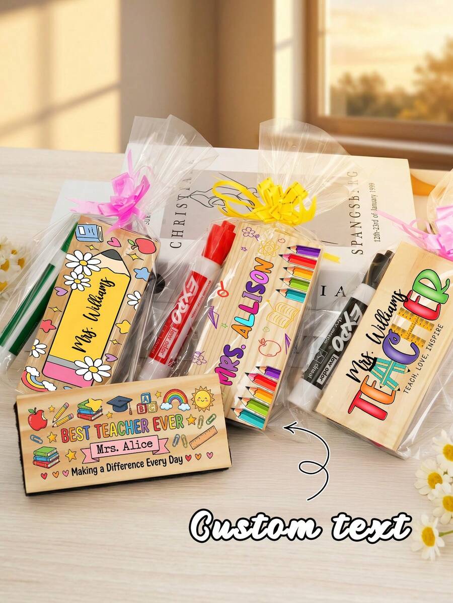 1pc Custom Text Wooden Chalkboard Eraser With Dry Erase Markers, Cute Cartoon Designs Teacher Appreciation Gift, Back To School Classroom Whiteboard Cleaner For Teacher - Multicolor - View 1