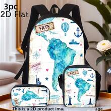 3-teiliges Rucksack-Set mit 2D-Vintage-Südamerika-Karte und nautischem Aufdruck, lässiger Alltags-Reiserucksack mit passendem kleinen Taschenset. - Schwarz - Übersicht 2