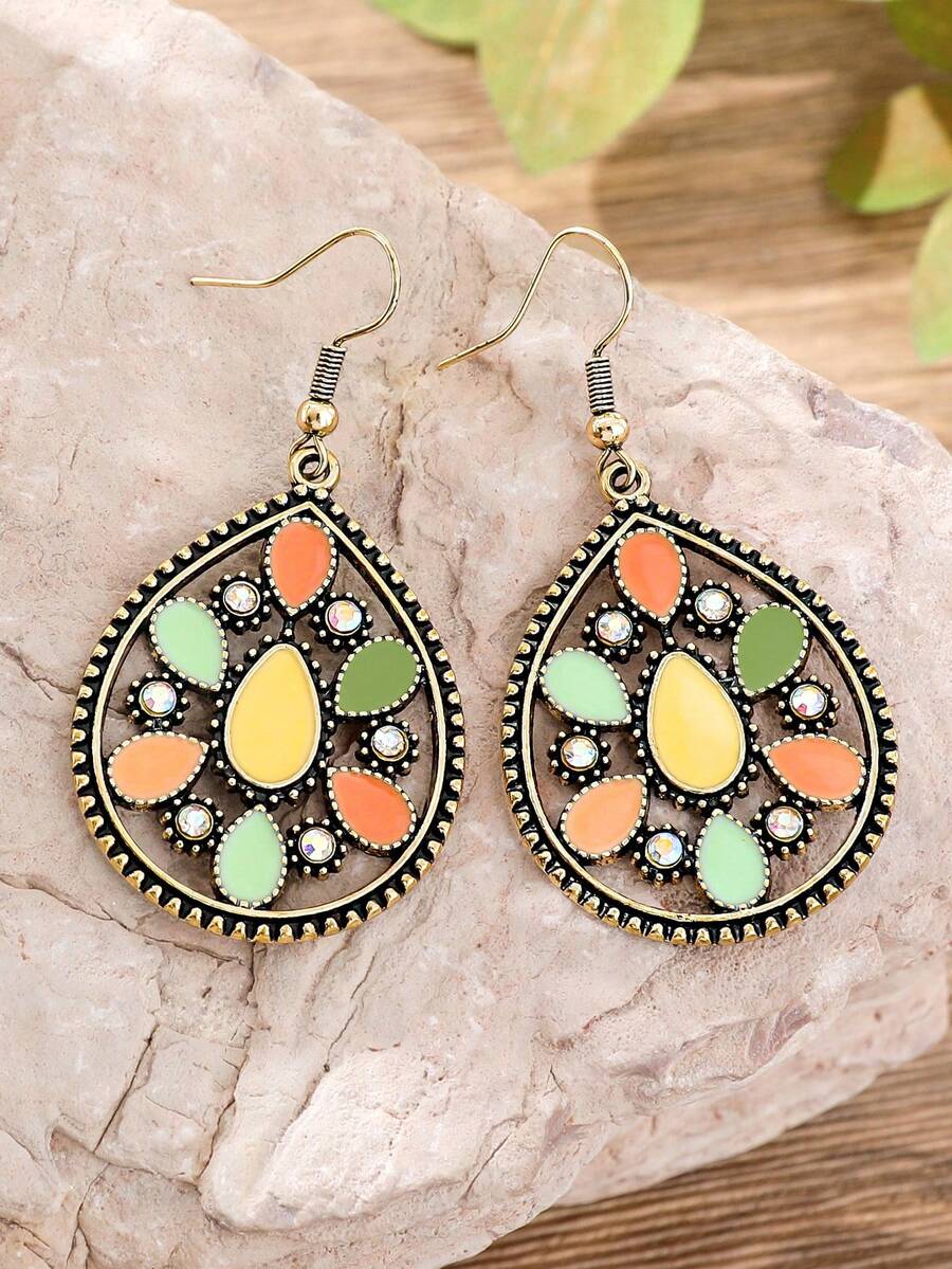 TopHanqi 1 Pair Macaron Colorful Glazed Water Drop Earrings, Vintage Antique Gold Bohemian Hollow Long Dangle Earrings For Women - Multicolor - View 1