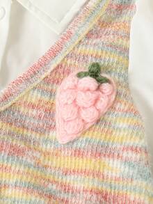 2pcs/Set Toddler Girls Fashion Cute Design 2 In 1 Patchwork Shirt Collar Long Sleeve Sweatshirt Top And Strawberry Print Blue Denim Straight Leg Pants Outfit - Pink - View 4