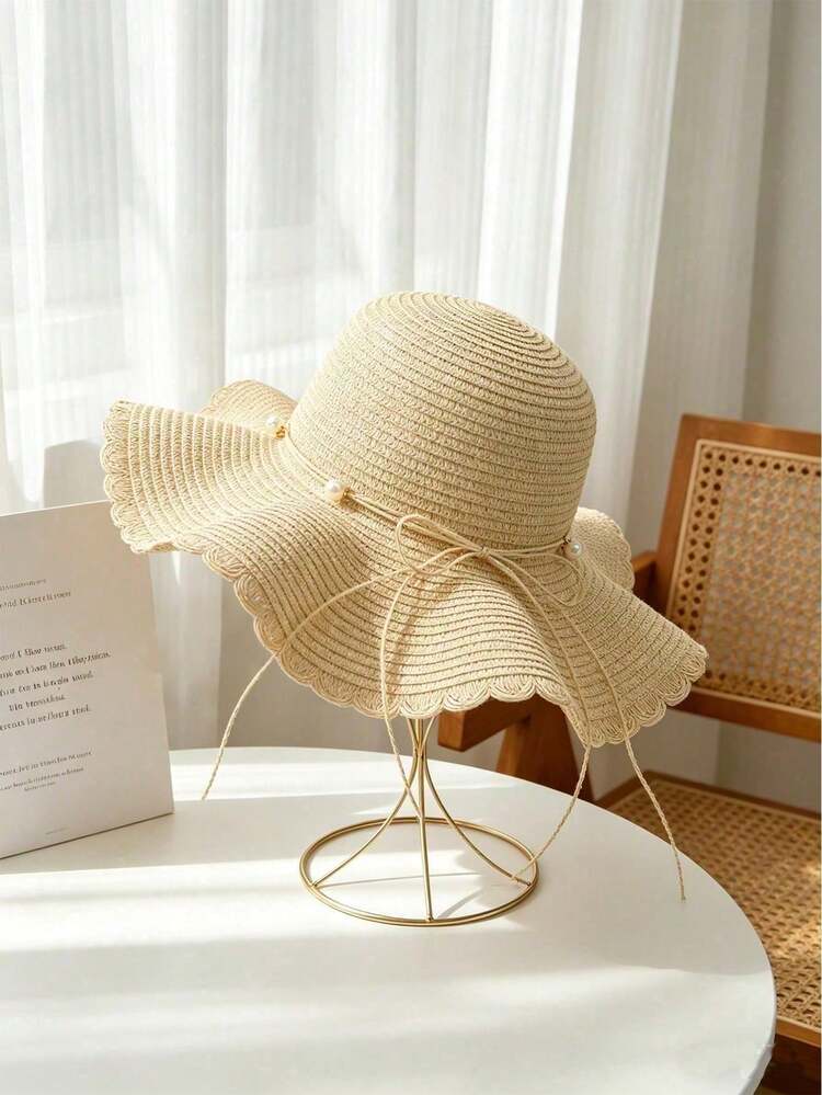 1 buah Topi Jerami Anyaman Wanita, Topi Lembut Bertepi Lebar Bergelombang dengan Hiasan Mutiara dan Pita Samping, Ringan, Dapat Dilipat, Perlindungan UV, dan Bernapas - A - View 4