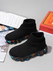 1 Pair Kids Colorful Sole High-Top Socks Shoes, Elastic Soft Bottom Outdoor Sports Shoes - Black - View 1