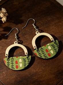 1 Pair Vintage Pastoral Style Half-Circle Printed Floral Patchwork U-Shaped Wooden Earrings For Women - Green - View 4