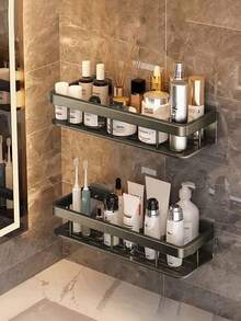 2pcs No-Drill Bathroom Storage Rack, Wall-Mounted Organizer For Bathroom, Vanity, Toilet Bathroom - Black - View 12