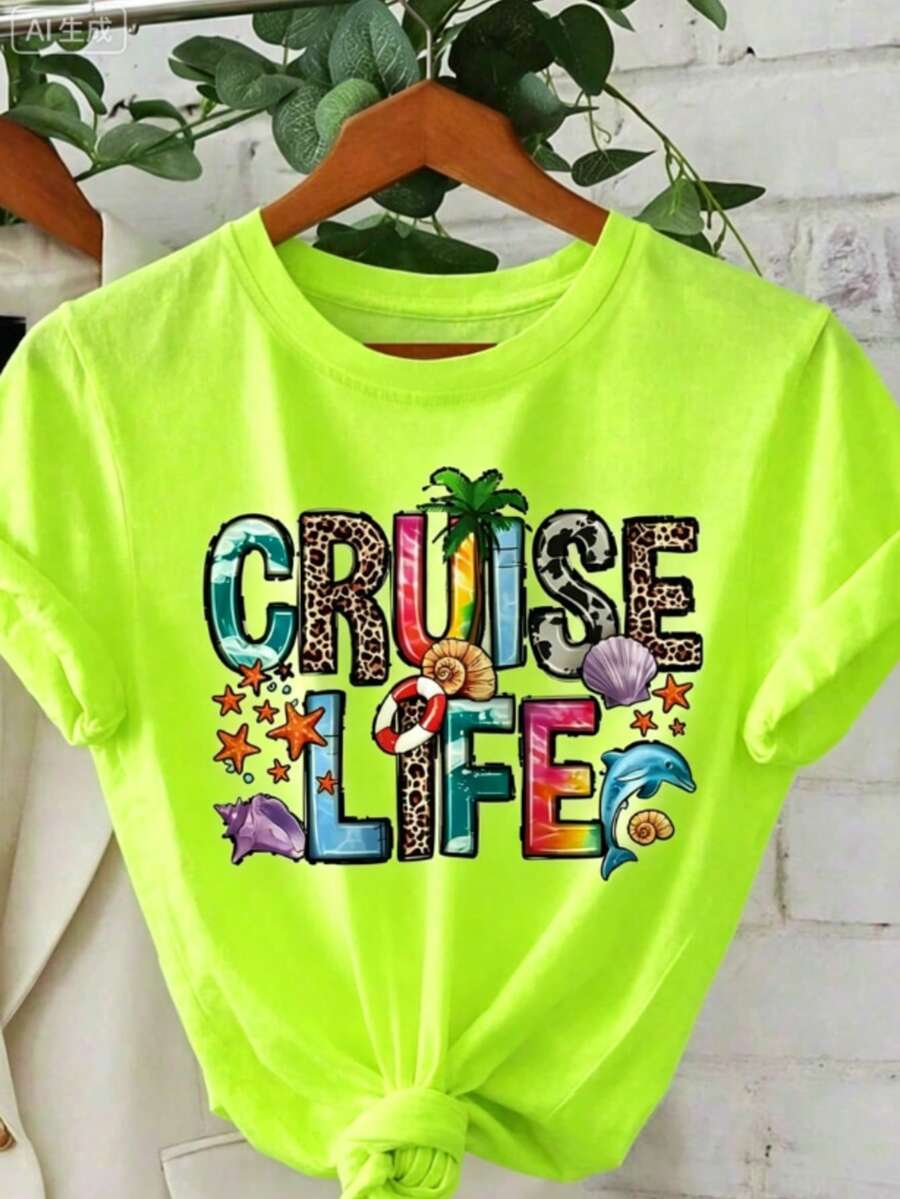 Women "Cruise Life" Summer Vibe Letter Print Short Sleeve Crew Neck T-Shirt-White And Navy Off-The-Shoulder Cropped Top Thanksgiving And Christmas - 螢光綠 - 查看 1