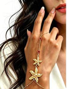 1pc Fashionable Ocean Style Starfish Pearl Beaded Finger Chain, Suitable For Women's Daily, Vacation, Beach, Date Wear, Bracelet Size Is Based On The Actual Size, Not Based On The Beads - Red - View 8