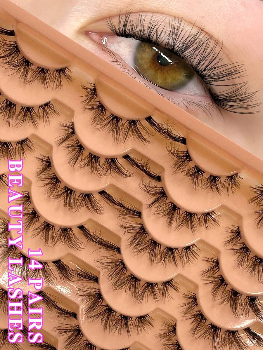 ENCHUW 14 Pairs Lashes With Clear Band Fluffy False Lashes Pack Natural Look False Eyelashes Wispy Eyelashes Curly Eyelashes For Daily Wear - 黑色 - 查看 1