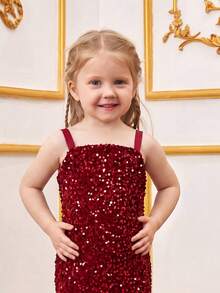 ALISA&LEO Girls' Spaghetti Strap Backless Sequin Mermaid Dress With Tulle Trim, Elegant Silhouette, Suitable For Photos, Formal Events, Weddings And Beauty Pageants - Red - View 4