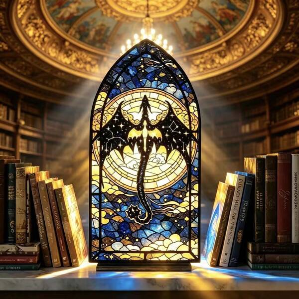 Gothic Stained Glass Starry Sky Dragon Acrylic Bookend, Mysterious Dark Fantasy Desktop Decor, Medieval Cathedral Window Style Room Decoration, Vintage Starry Sky Dragon Tabletop Display Ornament