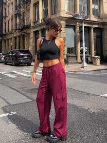 Burgundy Drawstring Waist Multi-Pocket Wide Leg Cargo Pants For Women, European & American Street Cool Hot Girl Style, Spring/Autumn Loose Drape Casual Pants - Burgundy - View 2