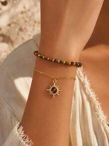 2pcs/Set Vintage Tiger Eye Stone CCB Beaded Double Layer Bracelet With Gold Sun Pendant, Women's Hand Jewelry Suitable For Daily Wear, Dating And Vacation - Multicolor - View 1