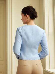 Women's Solid Color Elegant Commuter Blazer - Blue - View 3