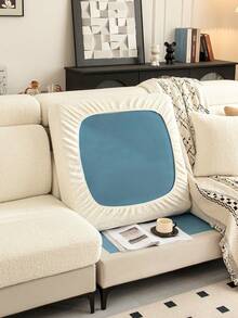1pc Beige Teddy Fleece Elastic Sofa Cover, Sofa Cushion Protector, Fits 3 Seater Sofa, L-Shaped Sofa, Backrest Cover, Dirt-Resistant, Easy To Remove And Wash, Suitable For All Seasons, Living Room Decor - Off White - View 8
