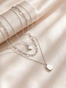 3 PiecesVintage Stainless Steel Necklace Set For Women Featuring Heart And Square Mother-Of-Pearl Pendants – Perfect For Everyday Layering - Silver - View 1