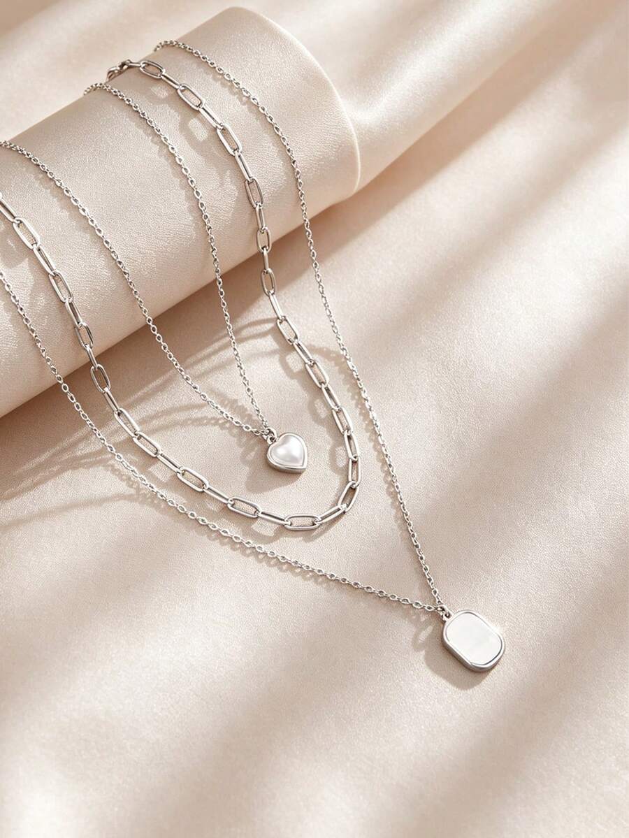 3 PiecesVintage Stainless Steel Necklace Set For Women Featuring Heart And Square Mother-Of-Pearl Pendants – Perfect For Everyday Layering - Silver - View 1