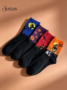 4 Pairs Women's Halloween Mid-Calf Socks, Autumn Pumpkin Ghost Witch Pattern Casual Party Socks, Girls Halloween Gift Student Socks - Multicolor - View 4