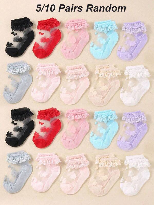 5/10 paires de chaussettes bébé style aléatoire, décoration en dentelle de fil de verre, fournitures pour bébé, confortables et fraîches pour l'été, chaussettes en dentelle style princesse mignon, convient aux bébés filles