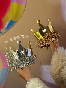 2pcs Gold & Silver Glitter Fringe Party Hats, Suitable For Birthday, Celebration, Party, New Year Events And Other Holidays, Perfect For Thanksgiving - Multicolor - View 1