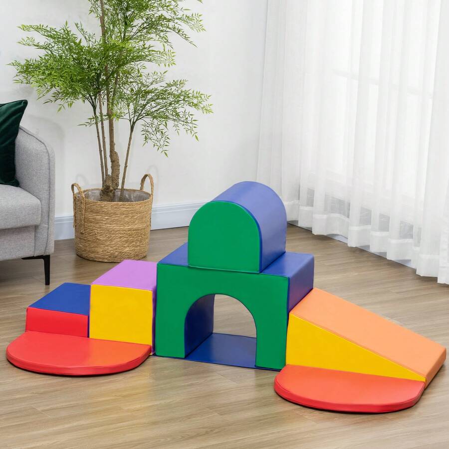 HOMCOM 7 TLG. Schaumstoff Bausteine Kinder Softbausteine Weiche Grossbausteine Schaumstoffblöcke für 1-3 Jahre alt Kinder Bausteinset Mehrfarbig - Verschiedenfarbig - Übersicht 1