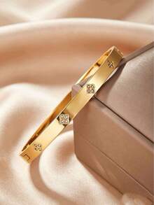 1/3pcs Stainless Steel Bracelet Set, Twisted Rope Clover Rhinestone Open Cuff Bangle, Niche Non-Fading Stackable Commuter Women's Jewelry - Gold - View 4