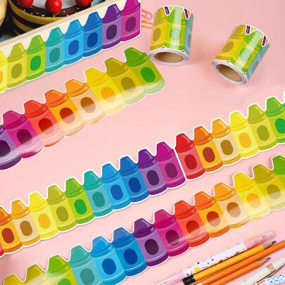 500pcs/Roll Type A/B, Rainbow Crayon Decorative Stickers, Bulletin Board Decor, Pencil Sticker Decor, School, Classroom And Home Decor, Class Window Decor, Wall Display, Classroom Decor, Back-To-School Season Gifts, Party Gifts, Theme Event Stickers