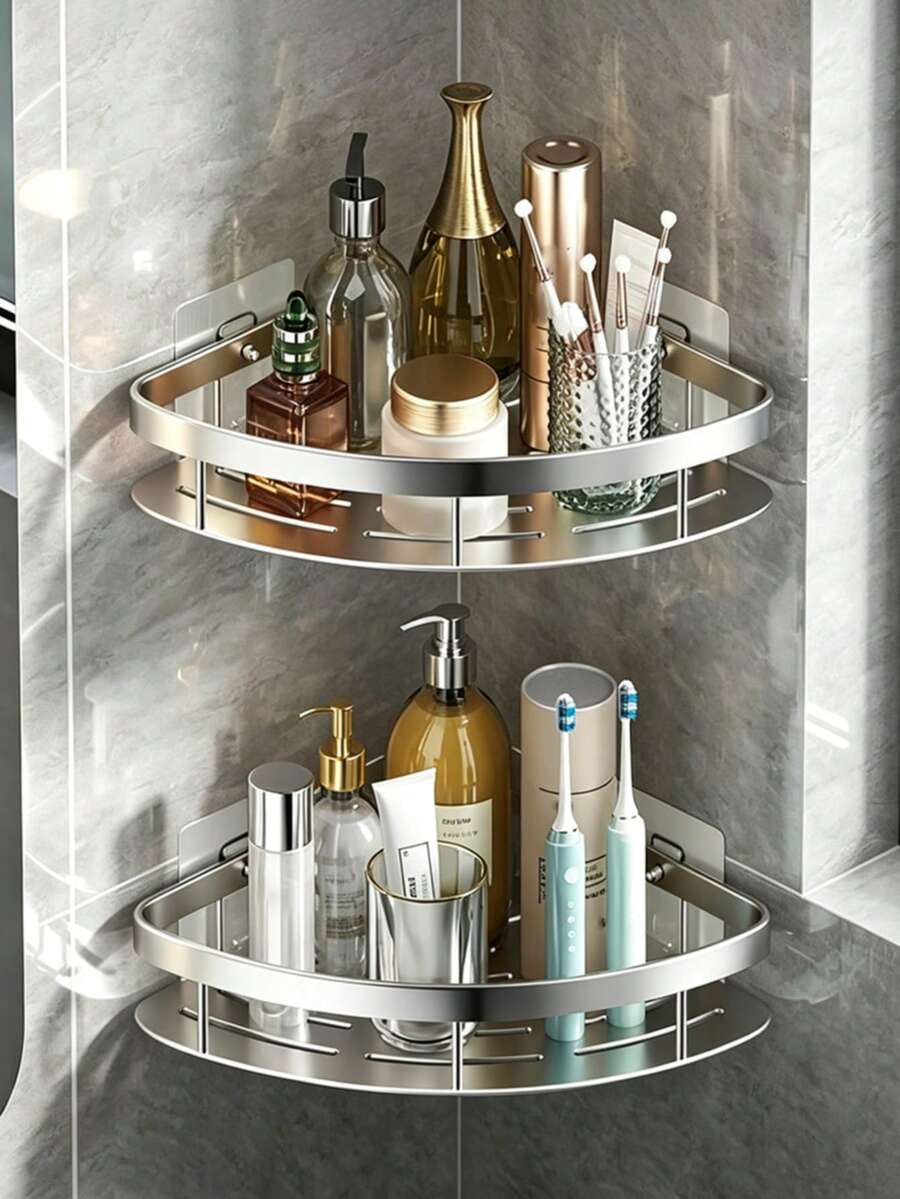 2pcs Stainless Steel Rust-Proof Bathroom Shelf, Large Capacity Shower Caddy, Suitable For Bathroom Storage And Home Decor, No Drilling Required