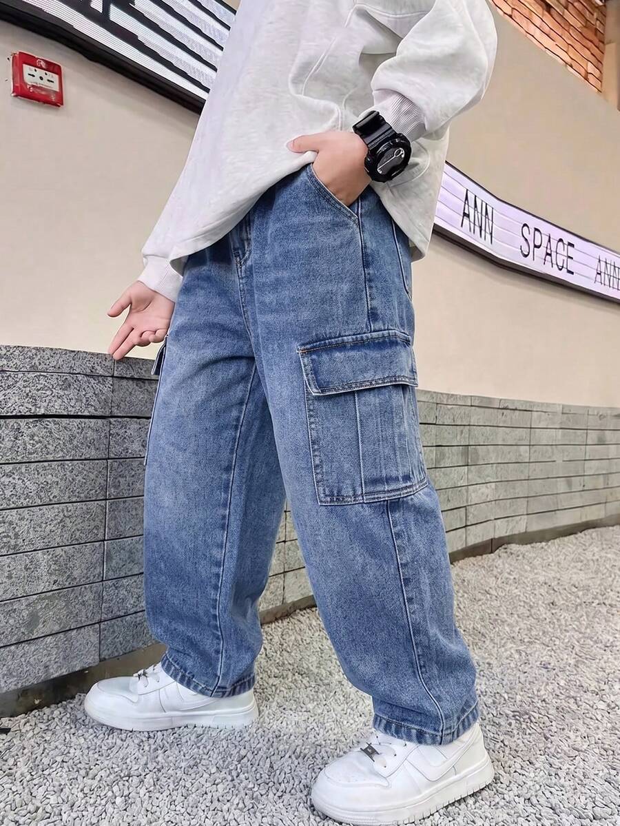Tween Boy Fashion Street Button Pocket Cargo Denim Jeans