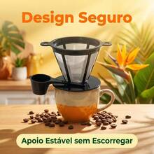 Filtro De Café Cônico Reutilizável Em Aço Inoxidável Com Colher Medidora Sem Resíduos Para Café Coado Manual - Preto - Visão 9