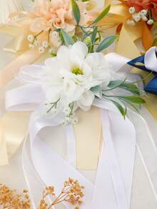 Multi-Colored Wedding Car Decoration, Featuring Simulated Broken Peony Bowknots Paired With Long Satin Ribbons, Elegant Rearview Mirror Floral Decorations, And Wedding Ceremony Supplies - 1PC - View 7
