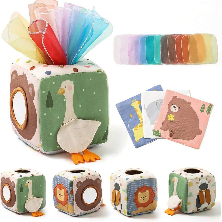 Brinquedo Caixa de Lenços para Bebê, Adequado para Bebês de 6-12 Meses, Brinquedo Montessori para Menino de 1 Ano, com Lenços Amassados e Treinamento de Habilidades Motoras Finas, Adequado para Crianças de 6, 9, 12, 18 Meses, Presente de Aniversário de 1 Ano - Multicolorido - Visão 1