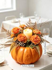 1pc Autumn Pumpkin Decorative Vase With Artificial Roses, Daisies, Fern Floral Arrangement And Candle; Harvest Pumpkin Flower Pot Tabletop Centerpiece Decor, Rustic Farmhouse Style Thanksgiving, Halloween Indoor Decoration, Suitable For Dining Table, Fireplace Mantel, Entryway Shelf, Tiered Tray; Holiday Tabletop Decor, Unique Gift For Autumn Lovers, Gardening Enthusiasts, Housewarming, Birthday Gift - Pumpkin Planter - View 3